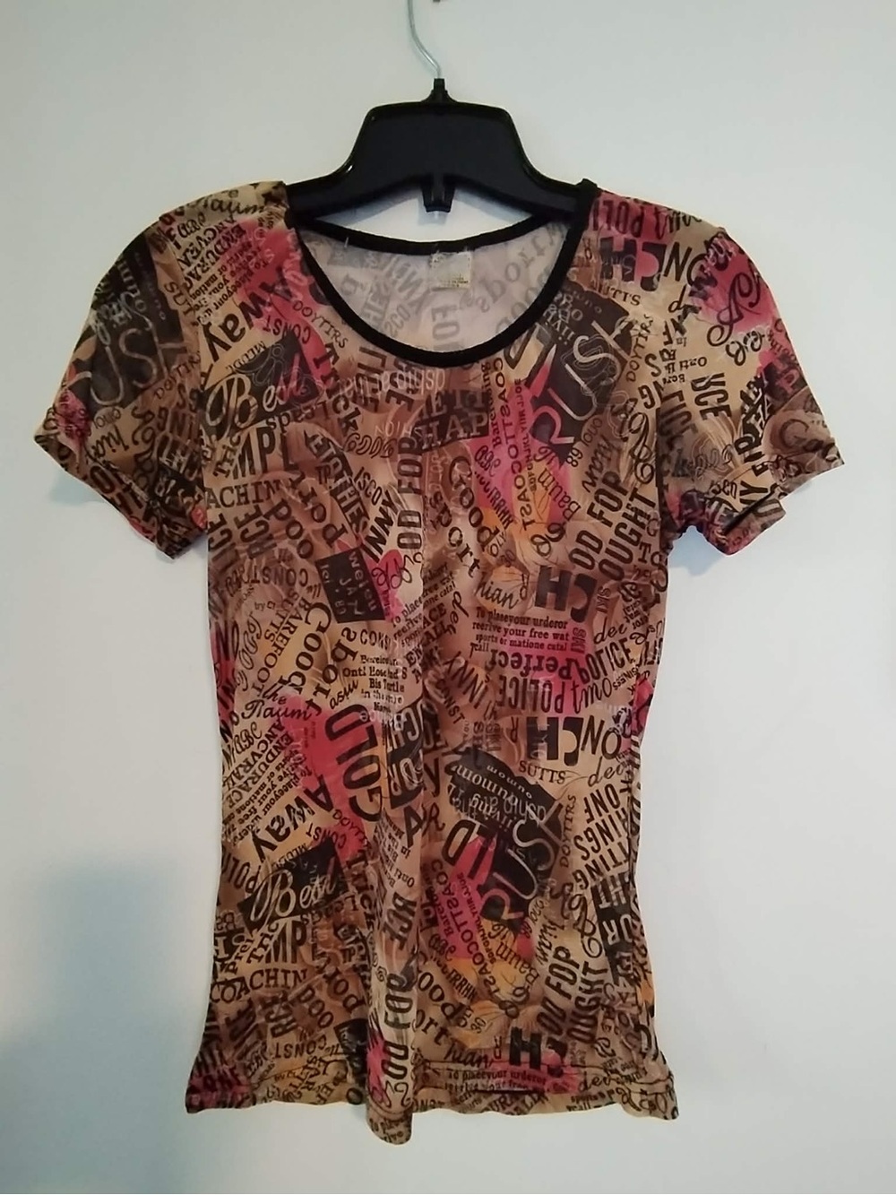 Women's Y2K Short Sleeve Graphic Scoop Neck Shear Top - Pink & Brown - Small